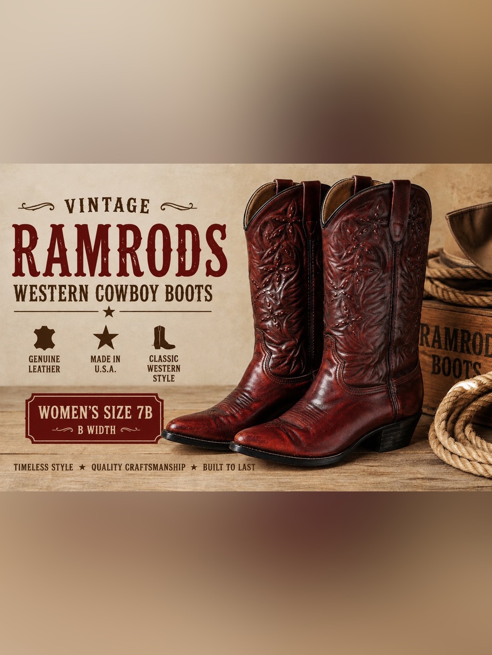 Vintage Ramrod Western Cowboy Boots Women’s 7B Burgundy Red Leather USA Made
